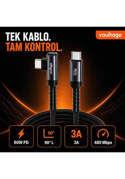 Type-c To Type-c L Uçlu 60w Pd Hızlı Şarj Kablosu, 1 Metre, 90 Dirsek Uçlu Usb-c Kablo, 3a, 480 Mbps Veri Aktarımı, Örgülü Naylon, Telefon, Tablet Ve Bilgisayar Uyumlu Siyah
