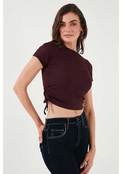 Lela Yanlardan Büzgülü Kısa Kollu Crop Bayan Bluz 5864010 Vişne
