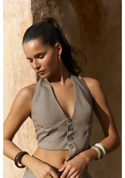Mai Collection Mai Studios Co. Lvdovila Füme Keten Crop Yelek Pantolon Takım Füme Mai Collection Mai Studios Co. Lvdovila Füme Keten Crop Yelek Pantolon Takım Füme