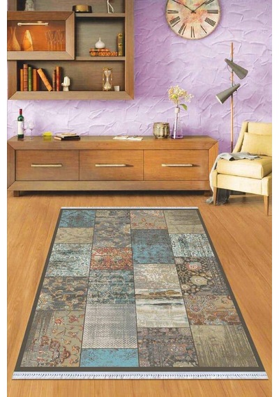 Mavi Patchwork Dokuma Pamuk Taban Kaymaz Kilim Klm071n11