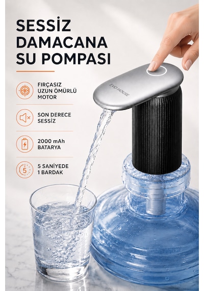 Ultra Sessiz Şarjlı Otomatik Damacana Su Pompası Yüksek Hızlı Akış 2000mah Pil Siyah