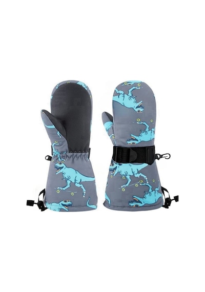 Su Geçirmez Erkek Çocuk Bere Eldiven Set 2-4 Yaş Kayak Snowboard Bere Eldiven Gri Mavi Dino