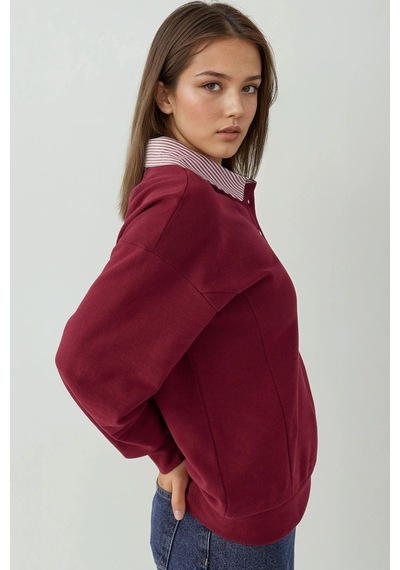 Hiccup Dokuma Garni Detaylı Oversize Polo Yaka Sweatshirt Bordo Kırmızı