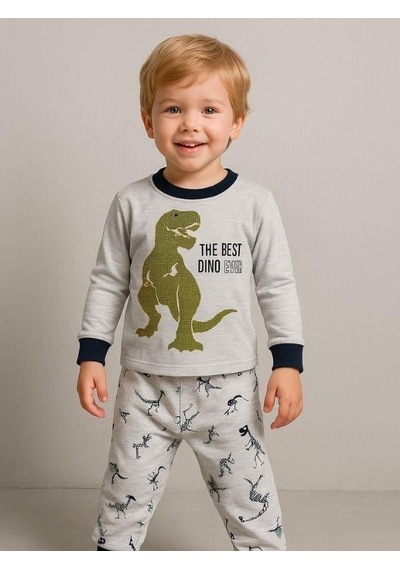 Zekids Erkek Çocuk Dinozor Baskılı Uzun Kollu Pijama Takımı-16047 Grı