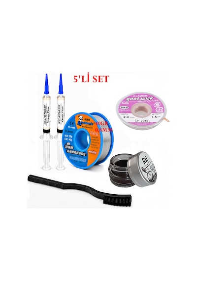 Lehimleme Seti 0,8 Mm 40 Gr Lehim Teli 2 Li Flux Cp-2015 Lehim Fitili Havya Ucu Temizleme Kremi Fırça Seti St47
