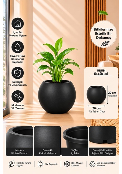 Siyah Yuvarlak Dekoratif Saksı 20x20 Cm İçlikli Ve İçliksiz Kullanım Modern Salon Ve Ofis Saksı -