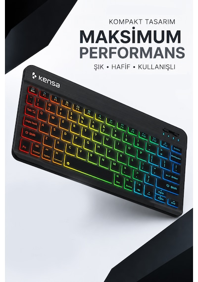 Tablet Ve Bilgisayar İçin Rgb Led Işıklı Taşınabilir Kablosuz Bluetooth Klavye Ve Dongle'lı Mouse Seti Siyah