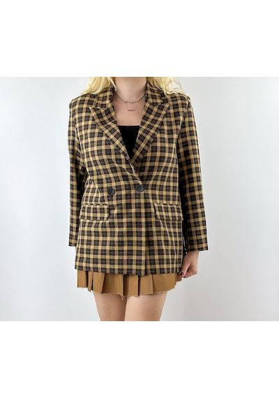 Modaonna Ekose Desen Rahat Kalıp Blazer Ceket Kahverengi