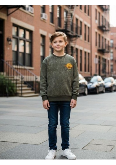 Zekids Erkek Çocuk Pamuklu Gezegen Baskılı Batik Sweatshirt-16332 YESIL