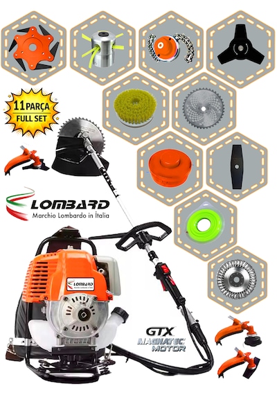 Cros Lombard Italy Lom-11 Sıgnature Sırt Tipi Benzinli Ot Çalı Çim Biçme Tırpanı+ Full Bahçe Setli Halı Yıkamalı