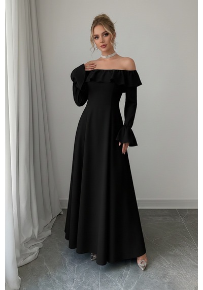 Defymoda Kadın Modern Kesim Fırfır Detaylı Elbise Siyah