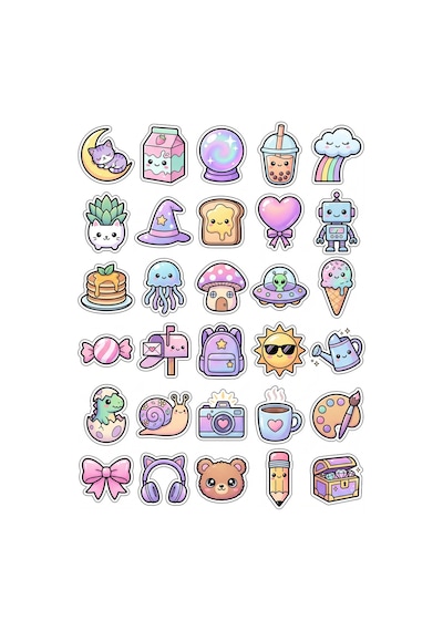 30 Adet Pastel Hayvan Ve Eşya Sticker Seti - Telefon Defter Ajanda İçin Çok Renkli
