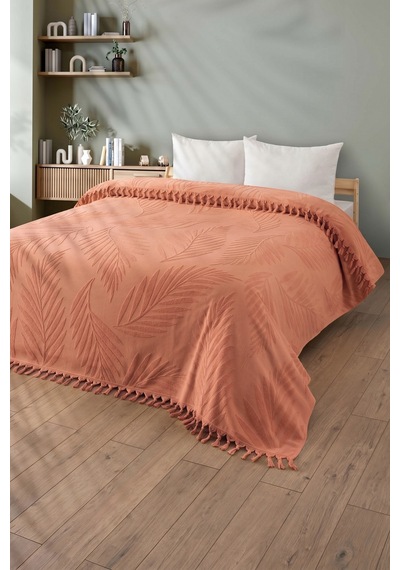 Tek Kişilik Saçaklı Havlu Yatak Örtüsü - %100 Pamuk & Yumuşak & Saçaklı Pike - 150x220 Cm-kiremit Kıremıt