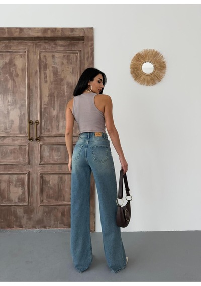 Kadın Wide-leg Yüksek Bel Geniş Paça Kot Pantolon Mavi Tint Mavi+tint