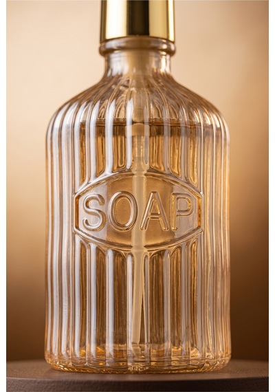 Glassy Dekoratif Cam Sabunluk Gold Pompalı Vintage Çizgili Sıvı Sabun Ve Deterjan Dispenseri - 21.5 Cm X 8 Cm - Turuncu
