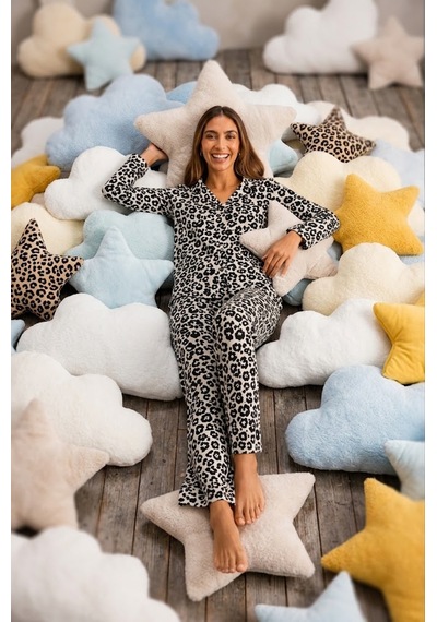 Fit Women Kadın Önden Düğmeli Uzun Kollu Alt Üst Leopar Pijama Takımı