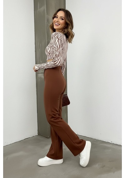 Unika Boutique Kadın Yüksek Bel Lastikli Nervür Dikişli Krep Çimalı İspanyol Paça Palazzo Pantolon Kahverengi