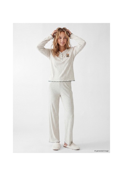 Lcw Young Bej V Yaka Nakışlı Kadın Pijama Takımı