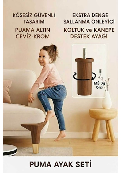 Puma 15 Cm Ceviz-altın 6'lı Set Mobilya Kanepe Tv Ünitesi Dolap Konsol Ve Destek Ayağı Ceviz-altın