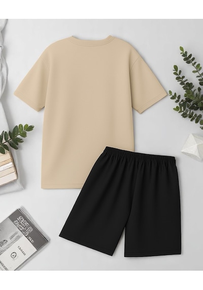 Uyguntarz Unisex Kesinlikle Hayır. Tasarım Basklı Tshirt Şort Takımı Bej