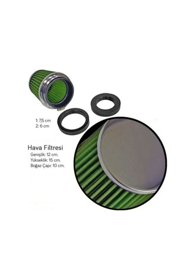Carub Filtre Açık Performans Spor Tuning Koni Hava Filtresi Üniversal Yıkanabilir 2 Aparatlı Krom Yeşil 12x15cm