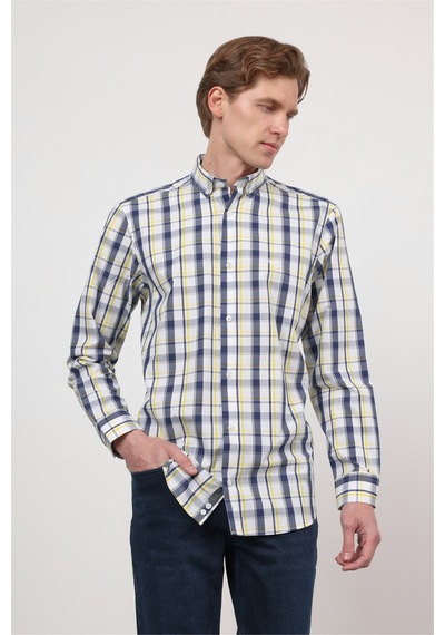 İmza Beyaz - Sarı Düğmeli Yaka Uzun Kol Cepsiz Comfort Fit Pamuk Gömlek 1004260169 2XL İmza Beyaz - Sarı Düğmeli Yaka Uzun Kol Cepsiz Comfort Fit Pamuk Gömlek 1004260169 2XL