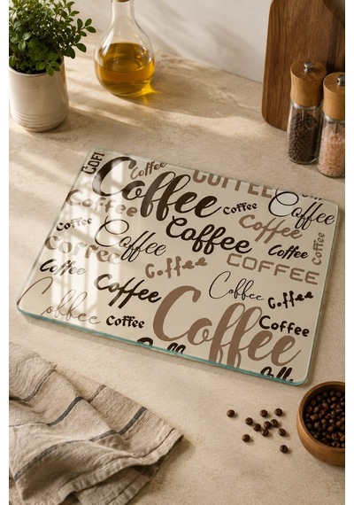 Gökçeoğlu Cam Kesme Tahtası Coffee Temalı - Cam Kesme Tablası 30cm X 40cm Çok Renkli