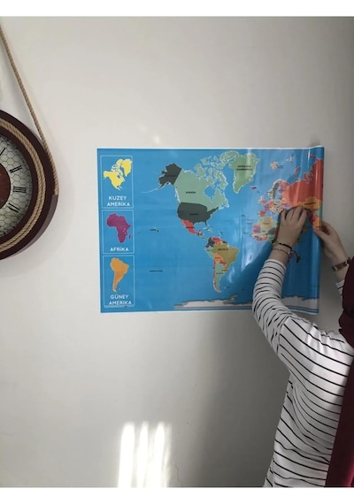 Dekoratif Tablo Eğitici Türkiye Ve Dünya Haritası Set Çocuk Duvar Yazı Tahtası Kağıt Tahta 118x56 Cm Diğer