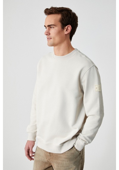 Grimelange OLLIE Erkek Bisiklet Yaka Regular Uzun Kollu Nakış Detaylı Bej Sweatshirt