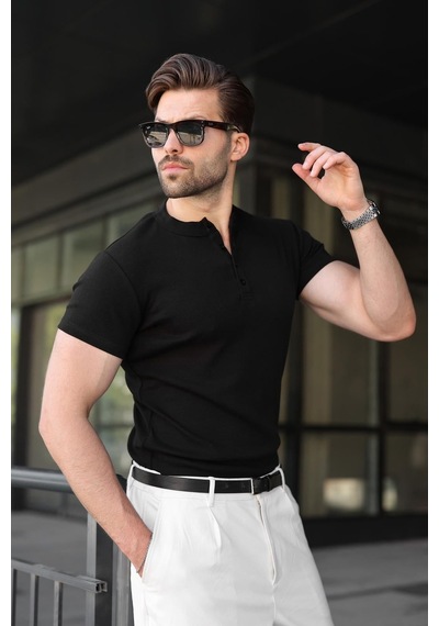 Madmext Siyah Slim Fit Hakim Yaka Triko Erkek Tişört E7189