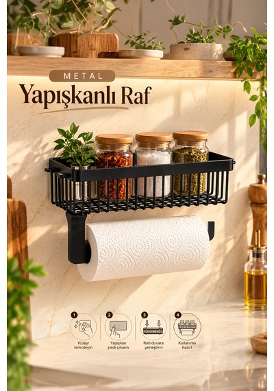 Porsima 161244-010 Yapışkanlı Siyah Metal Mutfak Ve Banyo Rafı Ve Kağıt Havluluklu Mutfak-banyo Düzenleyici