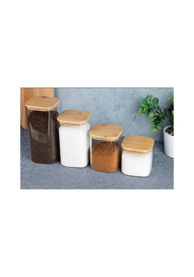 4 Lü Bambu Vakum Kapaklı Borosilikat Cam Kare Çay Şeker Tuz Kahve Bakliyat Erzak Kavanoz Seti Bej 714302218 Bej