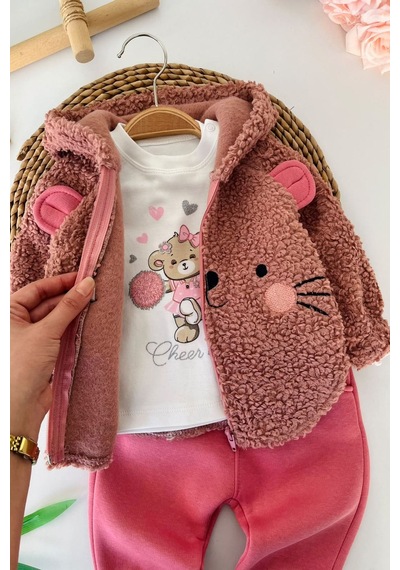 Minigimin Cicileri Kedi Figürlü Peluş Ceketli, Baskılı Tişörtlü Ve Fırfır Paçalı Kız Bebek 3 Lü Takım - Gül Kurusu Minigimin Cicileri Kedi Figürlü Peluş Ceketli, Baskılı Tişörtlü Ve Fırfır Paçalı Kız Bebek 3 Lü Takım - Gül Kurusu