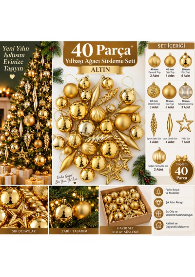 40 Parça Altın Yılbaşı Ağacı Süsleme Seti Top, Yıldız, Damla Ve Spiral Dekor Süsleri 3 CM