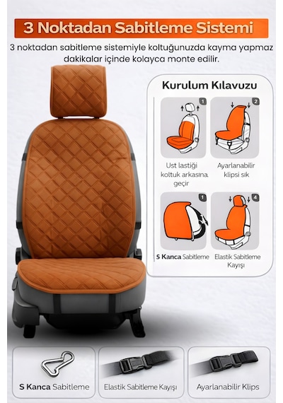 Oto Koltuk Kılıfı Tay Tüyü Tekli Ön Minder 4 Katmanlı Terletmez Airbag Uyumlu - Taba