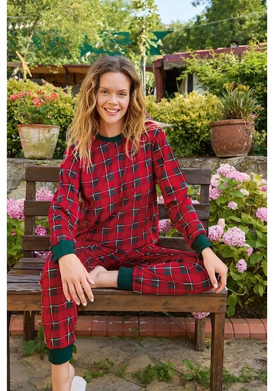 Aydoğan Kadın Pijama Takımı İnce Kadife Uzun Kol Ekoseli Kırmızı - Yeşil