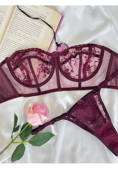 Arinda Candice Bordo Çiçek Desenli Brode İşlemeli Tek Renk Balenli Kapsız Askıları Çıkarılabilir Bralette Sütyen Tanga Alt Üst İç Çamaşırı Takımı 2 Parça Arinda Candice Bordo Çiçek Desenli Brode İşlemeli Tek Renk Balenli Kapsız Askıları Çıkarılabilir Bralette Sütyen Tanga Alt Üst İç Çamaşırı Takımı 2 Parça