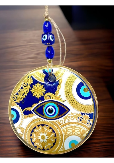 Sarı Motifli Mavi İşlemeli Nazar Boncuk Gözlü Duvar Süsü