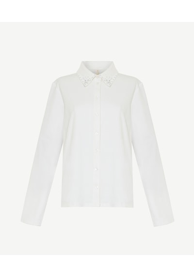 Yargıcı Taş Detaylı Polo Yaka Uzun Kol T-shirt 26kkts9020x 002 Beyaz