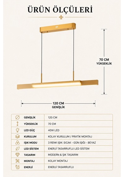 Modern Premium Led Sarkıt Avize Gold Kasa Lineer Yemek Masası Mutfak Ve Salon Avizesi 40w 3 Renk Beyaz