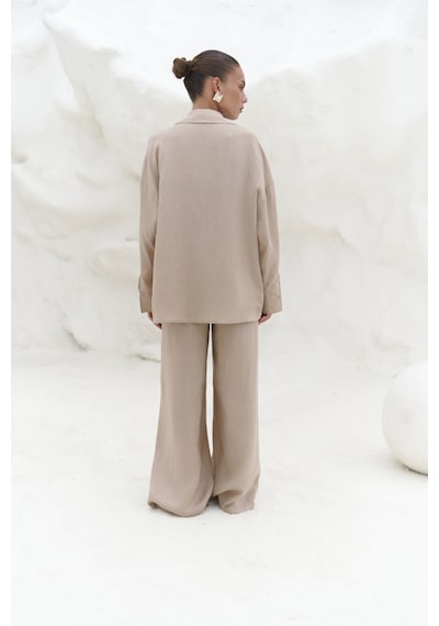 Mai Collection Mai Studios Co. Jelsomina Oversize Bej Keten Gömlek Pantolon Takım Bej