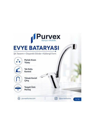 Purvex Home Klasik Mix Kuğu Evye Bataryası - Pirinç Gövde Krom Kaplama Aç-kapa Mutfak Tezgah Üstü Musluğu