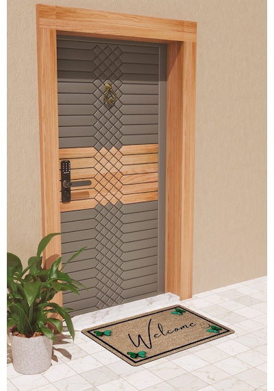 Rugmood Modern Dijtal Baskı Kahverengi Yeşil Kelebekli Welcome Kapı Önü Paspası Çok Renkli
