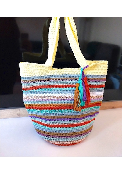 Kemzey Handmade Çizgili Büyük Kol Çantası , El Yapımı Örgü Çanta Kahverengi - Sarı