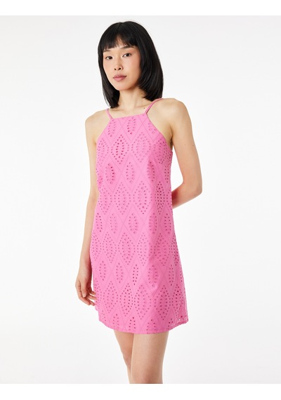 Koton Pamuklu Askılı Halter Yaka Brodeli Mini Elbise Pembe 6sak80021pw Gül