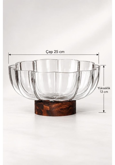 Atbyhome Akasya Ayaklı Çiçek Cam Meyvelik 25x12 Cm - Papatya Dilimli Cam Salata Tatlı Sunum Kasesi Gondol Şeffaf