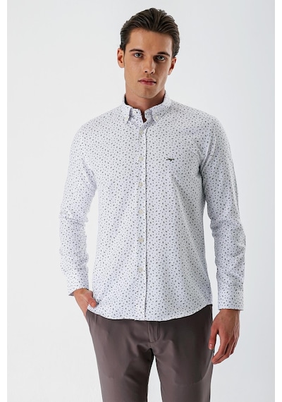 İmza Beyaz Uzun Kollu Baskılı Bez Ayağı Düğmeli Yaka Cepsiz Pamuklu Slim Fit Gömlek 1004235170-beyaz Beyaz