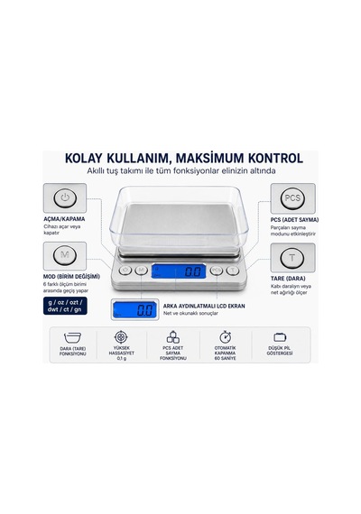 Dijital Hassas Mutfak Tartısı 3000 G Kapasiteli, 0,1 G Hassasiyetli, Lcd Ekranlı Mini Terazi, 6 Ölçüm Birimi, Dara Ve Pcs Adet Sayma Fonksiyonlu, Paslanmaz Çelik Çok Renkli