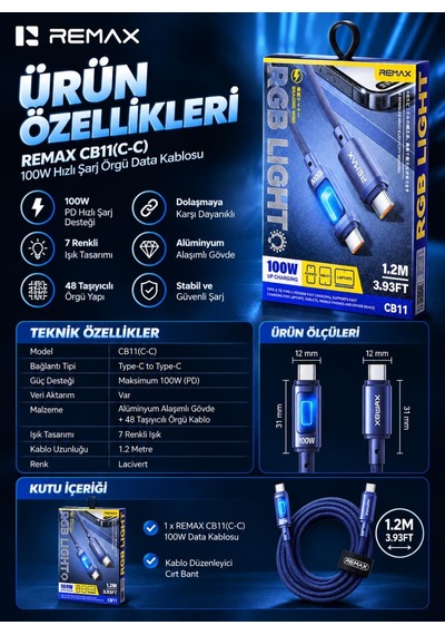 Remax Cb11-cc 100w Pd Type-c To Type-c 7 Renk Led Işıklı Örgülü Hızlı Şarj Ve Data Kablosu 1.2 Metre Lacivert