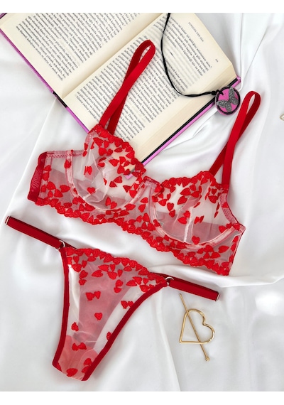 Arinda Love Bouquet Kırmızı Kalp Desenli İşlemeli Brode Kapsız Balenli Bralette Sütyen Tanga Alt Üst Çamaşırı Takımı 2 Parça